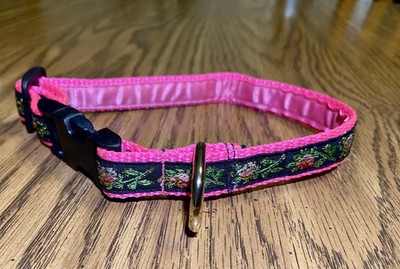 Standard Small Dog Collar 3/4  Wide, 11 -15  Black Pink Roses Floral velvet int 