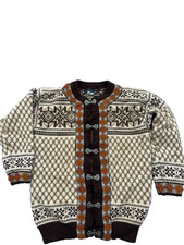 Dale of Norway Fair Isle Wool Cardigan Off White/Brown Crewneck Long Sleeve