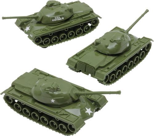 Three olive green Timmee toy tanks with star insignia, made in U.S.A., on white background.