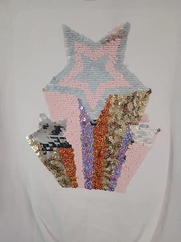 White T shirt Top with Sparkly Pink Gold Sequins Star Girls Party ages 6-7 8-9 - Image 2 of 4