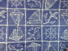 Vintage 1975 Klopman Mills Fabric Nautical Ships Blue White  44" x 2 Yds Vintage