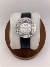 Croton Ladies 31mm Watch Silver Tone Pave Diamond Dial Blue Leather - RUNS