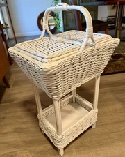 Vtg Wicker Rattan Sewing Box Picnic Knitting Basket Stand Plant Table 30" T