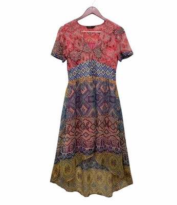 Desigual Paisley Chiffon Midi Dress Hi Low Boho Colorful Fairycore Smocked Sz 36