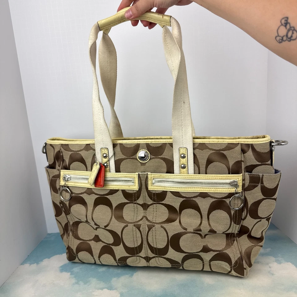 Coach коричневый подпись монограмма холст молнии плеча подгузники школьная сумка с короткими ручками F1487 - Изображение 2 из 4