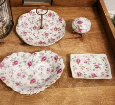 4pc Vtg Lefton ROSE CHINTZ Tidbit, ❤️ Dish,Pill Box,Mini Tray(ashtry) Excellent 