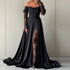Black High Slit Luxury Evening Gown Off Shoulder Long Sleeves Party A Line Gown