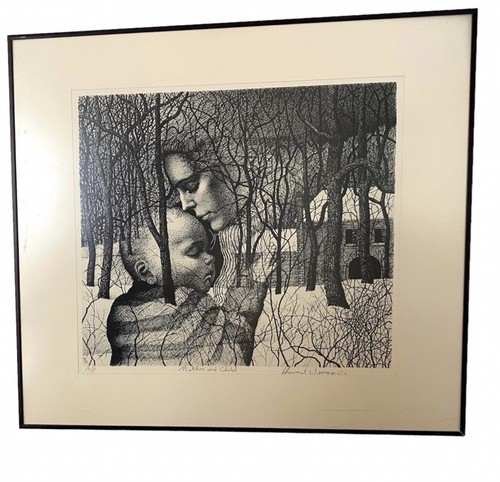 Stampa da disegno vintage firmata Howard Weingarden madre e bambino incorniciata