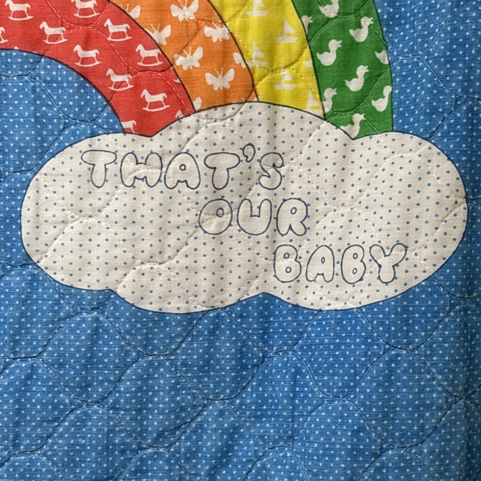 Vintage THAT'S OUR BABY 1980’s RAINBOW Cowboy Cowgirl Blanket Quilt 43X33 RARE - Image 4 of 4