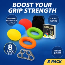 Hand Grip Strengthener Kit 8pcs –Grip Rings, Balls, Finger Exerciser Set Trainer