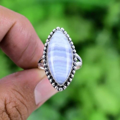 Lush Blue Lace Agate Gemstone 925 Sterling Silver Handmade Ring Gift All Sizes - Picture 2 of 10
