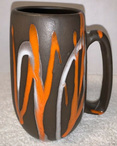 Vintage Mid Century CANADA LAURENTIAN Tall Mug 57 Orange & White Drips on brown - Afbeelding 2 van 11