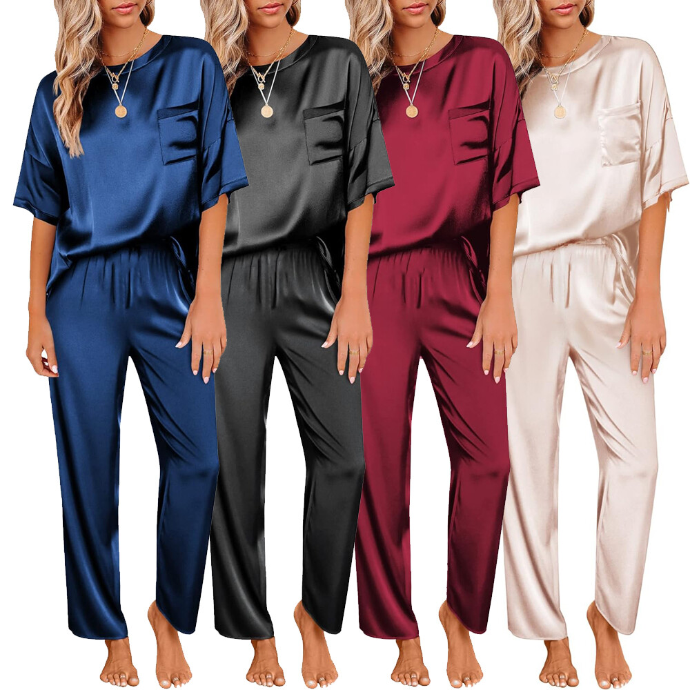 Conjuntos De Pijamas Para Mujer Pantalón Largo Manga Corta De Seda Sexi  Elegante