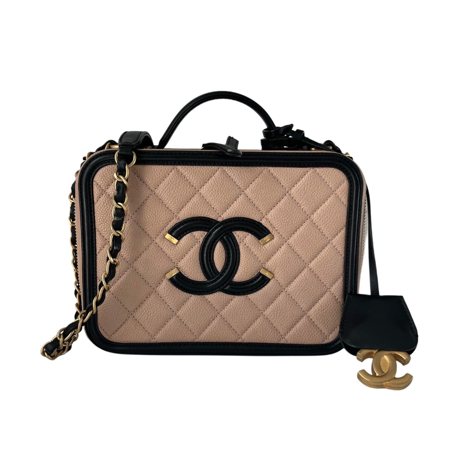 Chanel Beige/Black Quilted Caviar Leather CC Filigree Vanity Case Bag