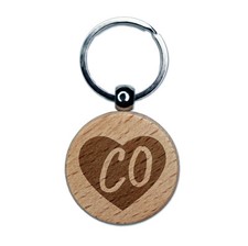 CO Colorado State in Heart Engraved Wood Round Keychain Tag Charm