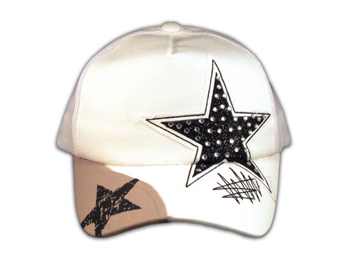 Black Star on White Trucker Cap Snapback Hat with Mesh Back - Picture 2 of 4