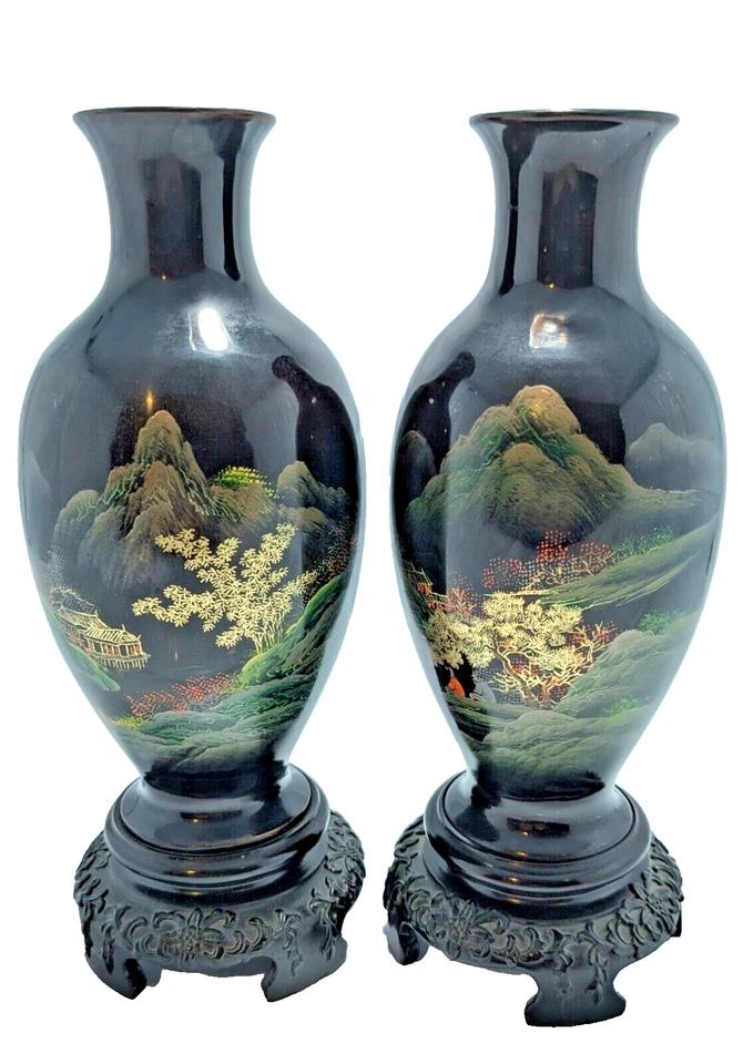 Par de jarrones de madera lacada pintados a mano asiáticos vintage Foto 2 de 4