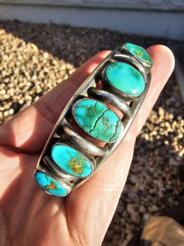 Antique 1915 *NAVAJO 5-Stone wire BRACELET* finest Aged TURQUOISE Best Of Best