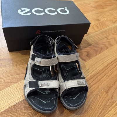 ECCO Yucatan Hiking Sandals Beige Leather Straps Black Cushioned Footbed Size 38