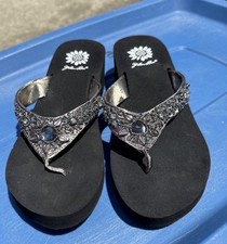 Yellow Box Wedge Flip Sandals with Jeweled leather strap size 7.5