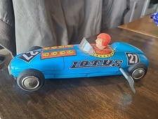 Vintage Tin Litho Wind Up Race Car Toy 1950's Blue  Red Race Car Lotus Works