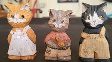 3 Handcarved Handpainted Wooden Cats