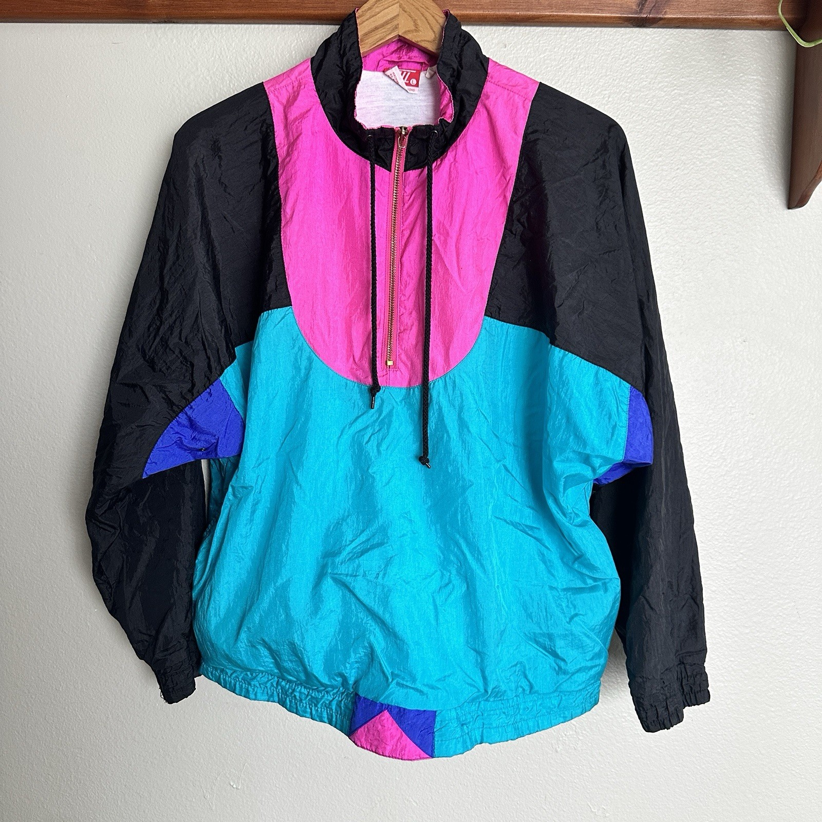 Tail Vintage 80s 90s Nylon Windbreaker Jacket Neon Color Block Embroidered Sz L