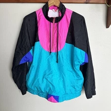 Tail Vintage 80s 90s Nylon Windbreaker Jacket Neon Color Block Embroidered Sz L
