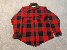 Vintage Melton Flannel Shirt Mens Small Red Black Buffalo Plaid Wool 50s 60s