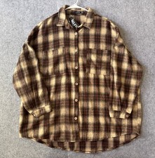 Boohoo Button-Up Brown Plaid Flannel Tunic Womens Shirt Oversized 6 NWT Soft