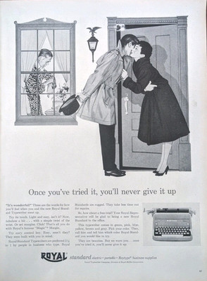 1956 Vintage Royal Typewriter Print Ad.  Saying Goodbye On The Doorstep 