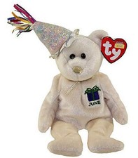 Ty Beanie Babies June the Birthday Bear with Party Hat - New with Tags