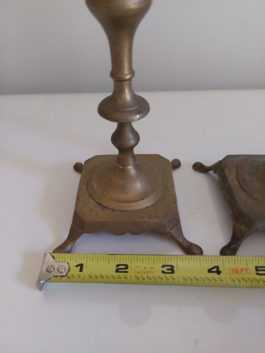 Vintage Pair Of Brass Square Base Footed Candlestick Holders 7.5" - Picture 3 of 10