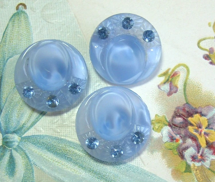 Set of 3 Vintage Dreamy Blue Moonglow Glass Hat Buttons with Blue Rhinestones - Image 2 of 4