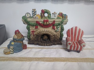 Vintage Night Before Christmas Fireplace Night Light Set Hand Painted Porcelain