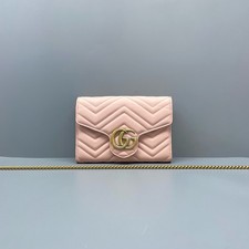Gucci Marmont Wallet On Chain WOC Matelass  Leather Chain Shoulder Bag Pink Auth
