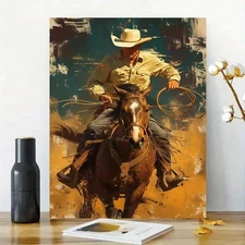 Cowboy Riding Horse Framed Canvas Stretched Ready to Hang 50x40 Home decor Gift