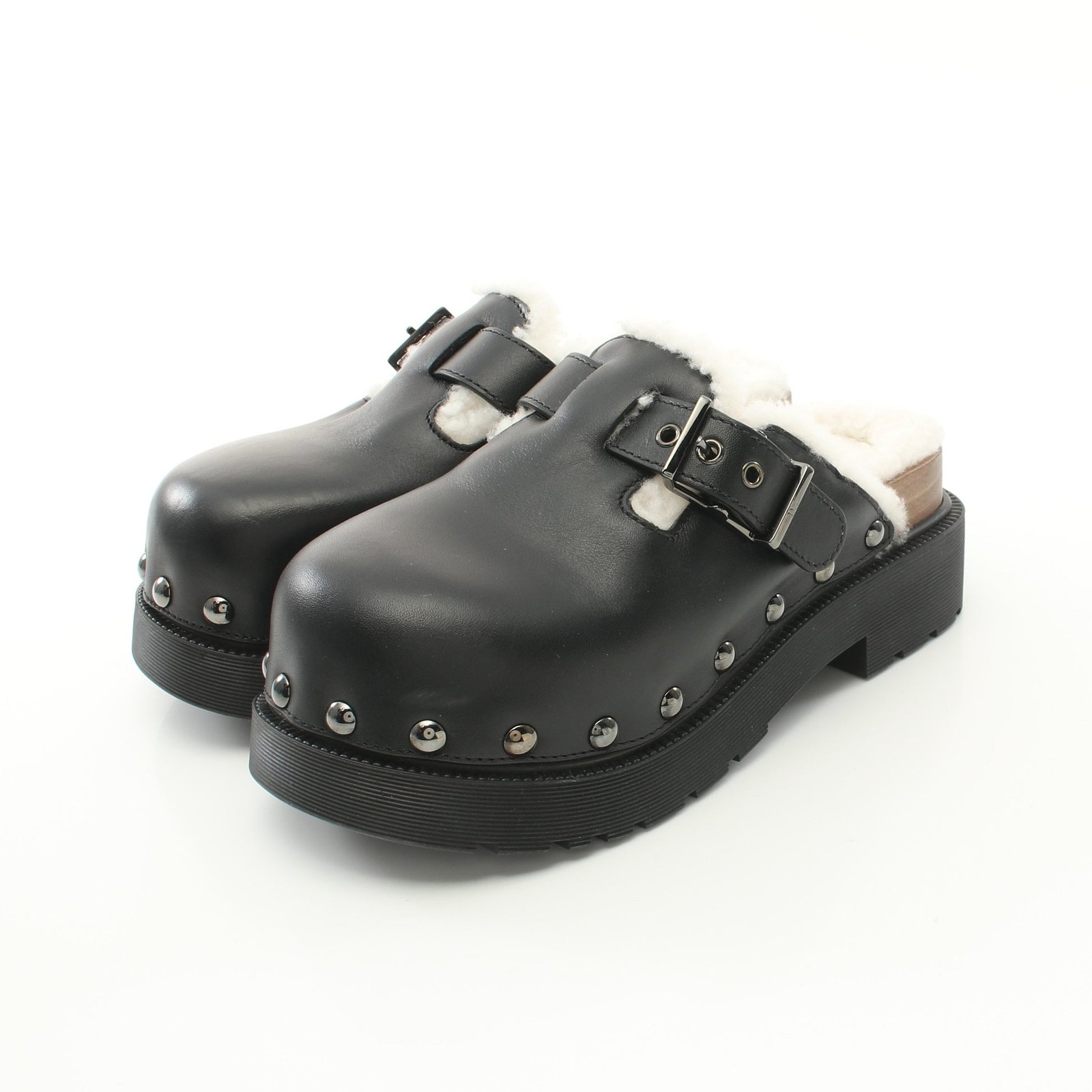 Dior Quake Clog Sabot Sandals in Black White Leather with Shearling Detail