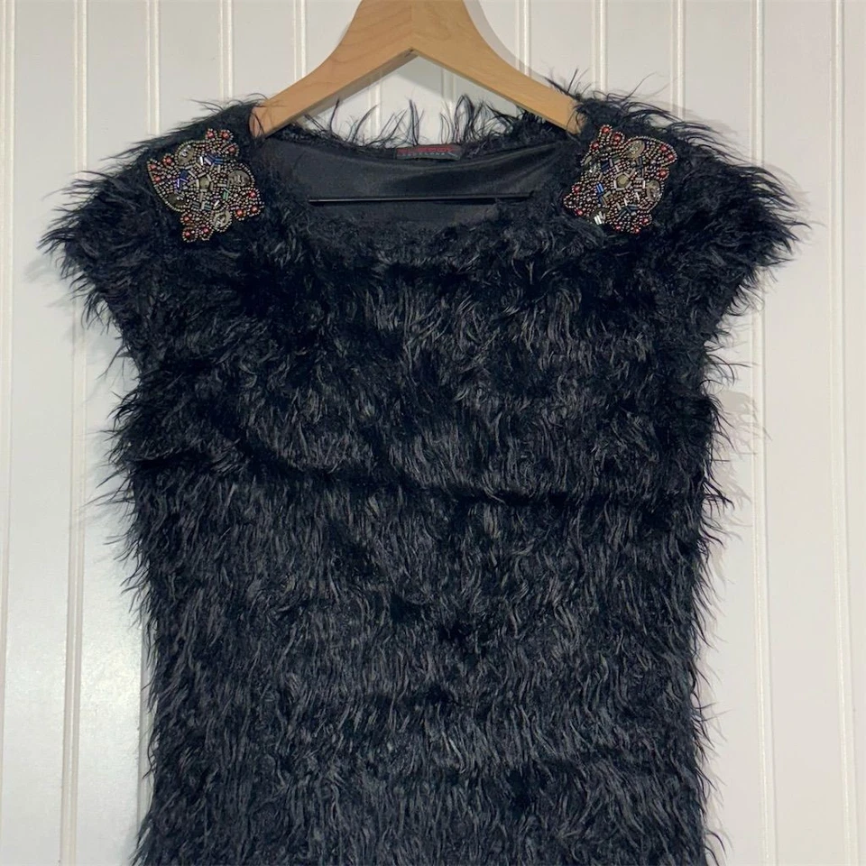 Custo Barcelona Y2K Faux Fur Beaded Mini Dress S Goth Glam Party Spain Rare - Image 2 of 4