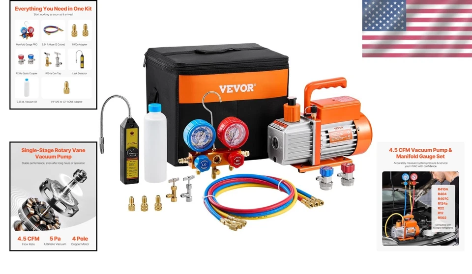 HVAC Vacuum Pump Gauge Kit R134a-R410A R22 R12 Refrigerant Leak Detector - Image 2 of 4