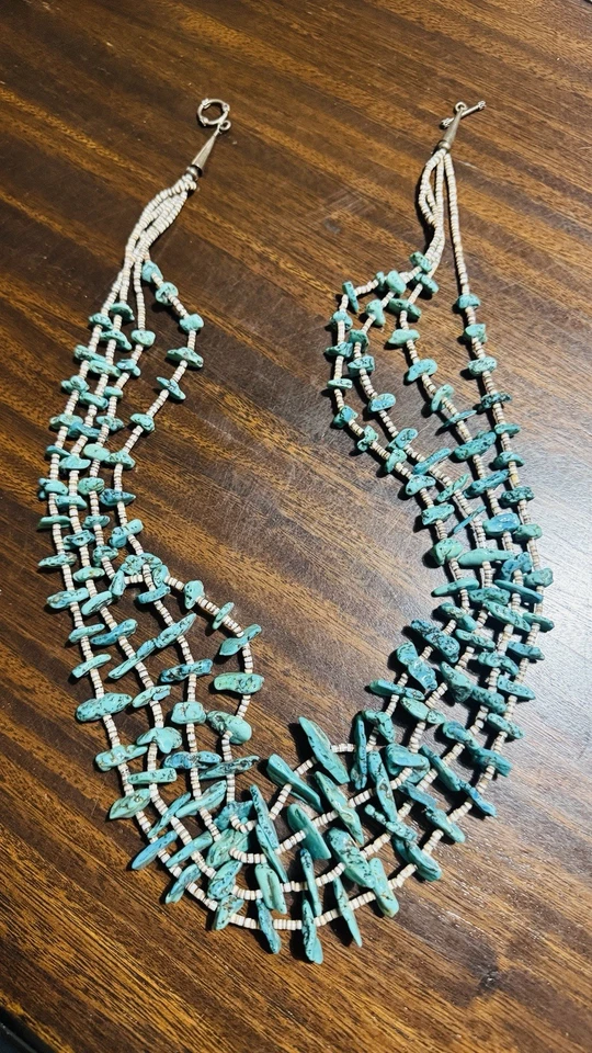 COLLAR VINTAGE HECHO A MANO de plata esterlina turquesa azul antiguo 4 hebras con HEISHI Foto 2 de 4