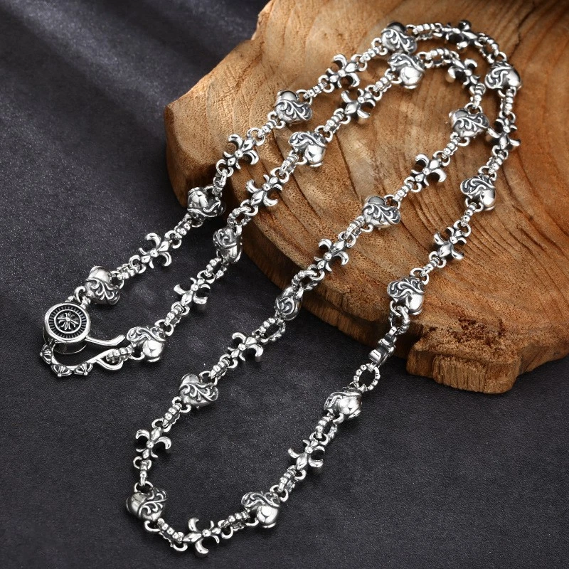 Collar gótico flor de lis y corazón, cadena pesada de plata S925, joyería para hombre Foto 4 de 4