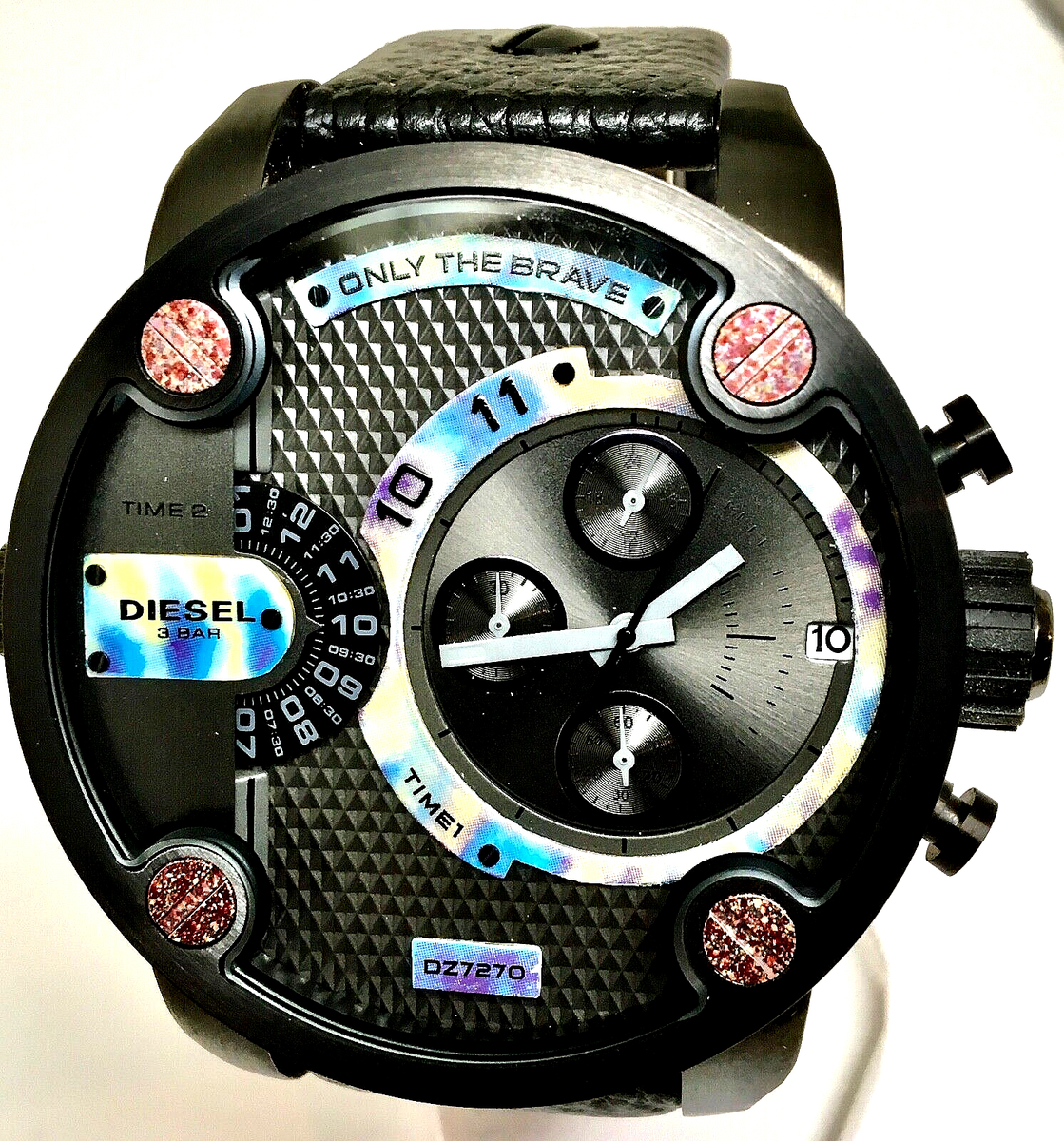 New DZ7270 Little Daddy Multi/Color Dial Black Leather Strap Men's