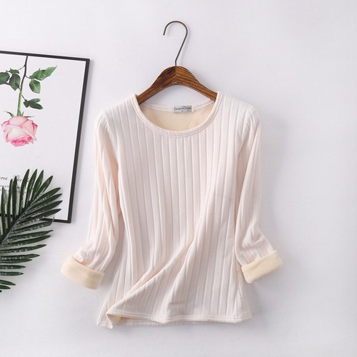 T-shirt Blouse Pullover Striped Fleece Warm Women Stretch Winter Thick Tops - Picture 13 of 19