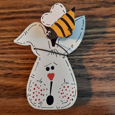 Hand Painted Wood Easter Rabbit with Bumble Bee Pin Brooch  (1)
