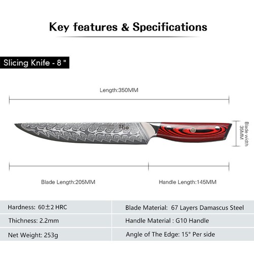 TURWHO 8inch Slicing Knife 67-Layer Japanese VG10 Damascus Steel Kitchen Knife - Picture 8 of 9