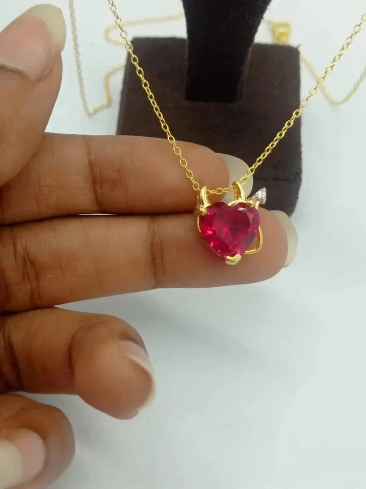 14K Yellow Gold Plated 2.5Ct Heart Cut Lab Created Red Ruby Women's Gift Pendant - Image 2 of 4
