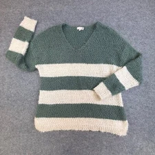 SO Sweater Womens Large Green White Striped Fuzzy Soft Cozy Pullover V-Neck