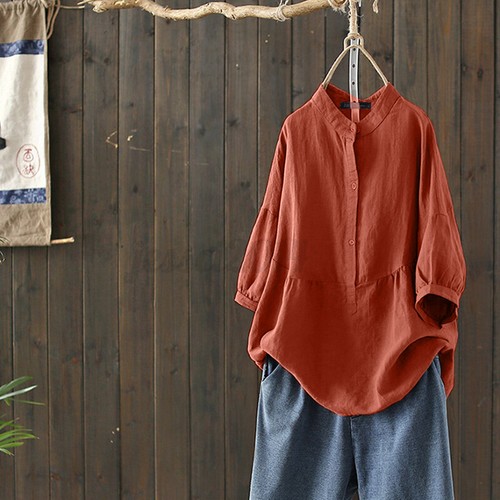 Women Cotton Button Up Casual Shirt Tops High Low O-Neck Oversized Solid Blouse - Picture 36 of 42