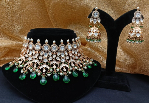 Gold Plated Bollywood Indian Style Kundan Fashion Jhumka Green Jewelry Set - Imagen 5 de 6
